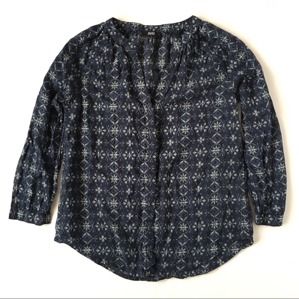 Paige Jeans Button Down Blouse Navy Blue Print M